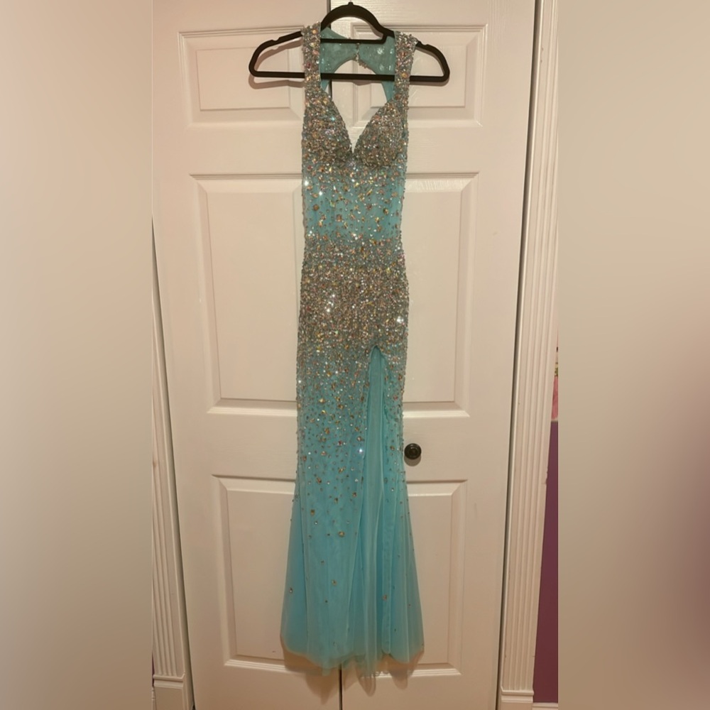 Dazzling Aqua Evening Dress with Silver Embellishments